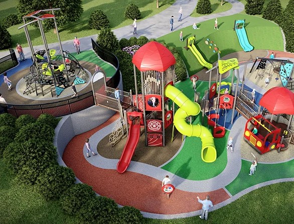 Children playing on colorful backyard playground equipment